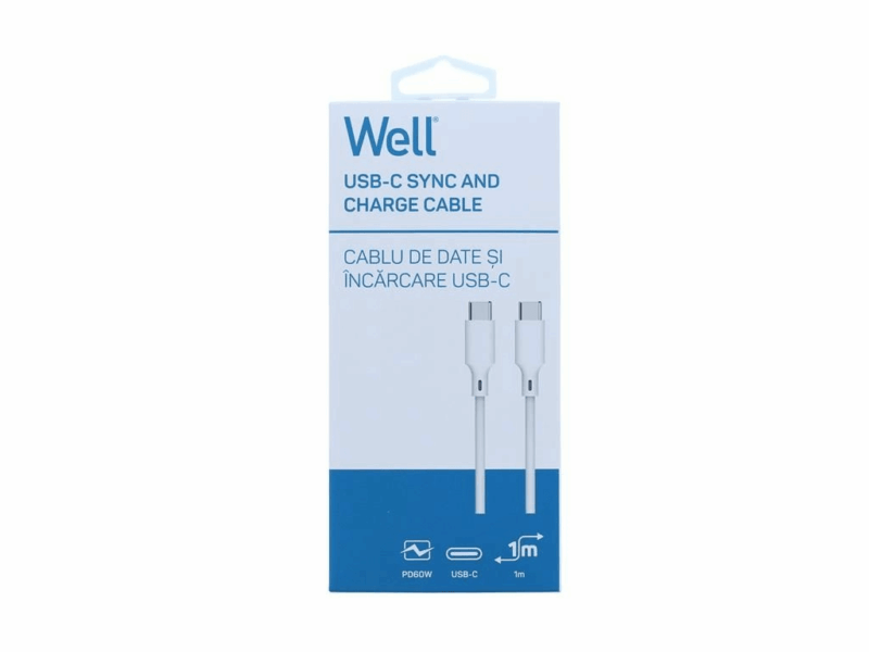 Cablu 2.0 USB TYPE C - USB TYPE C PD 60W 1m alb Well CABLE-USBC/USBC-1WE06-WL