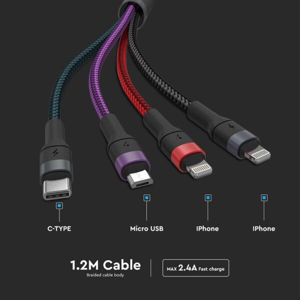 Cablu 4in1 USB TYPE C MICRO USB LIGHTNING - USB 2.4A 1.2m V-TAC SKU-7748 - imagine 5