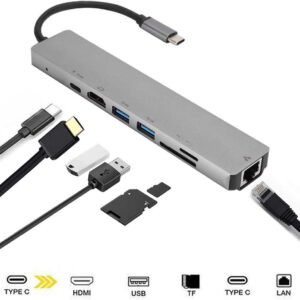 Cablu adaptor USB TYPE C - HDMI 4K/2K + 2x USB3.0 + USB TYPE C 100W + RJ45 LAN RETEA + CardRW SD + MicroSD