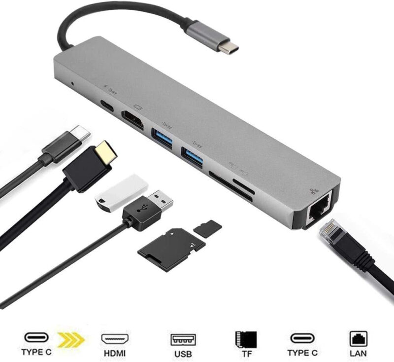 Cablu adaptor USB TYPE C - HDMI 4K/2K + 2x USB3.0 + USB TYPE C 100W + RJ45 LAN RETEA + CardRW SD + MicroSD