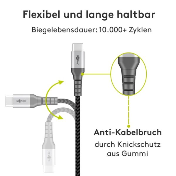 Cablu de date si incarcare USB A - USB type C 2m gri/argintiu textil flexibil Goobay 49297 - imagine 3