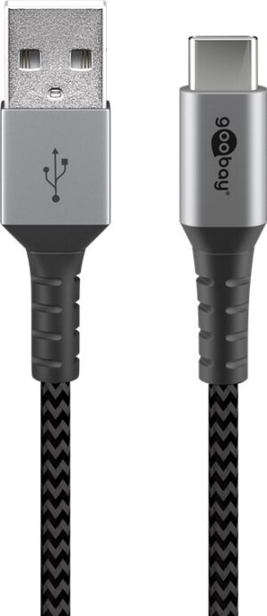 Cablu de date si incarcare USB type C 1m 3A gri/argintiu textil flexibil Goobay 49296