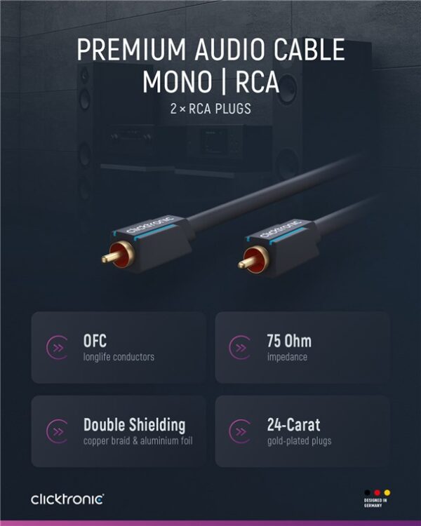 Cablu Profesional CLICKTRONIC audio 1x RCA 1m tata-tata aurit OFC cupru COAX 75 ohm Dublu ecranat 70443 - imagine 7