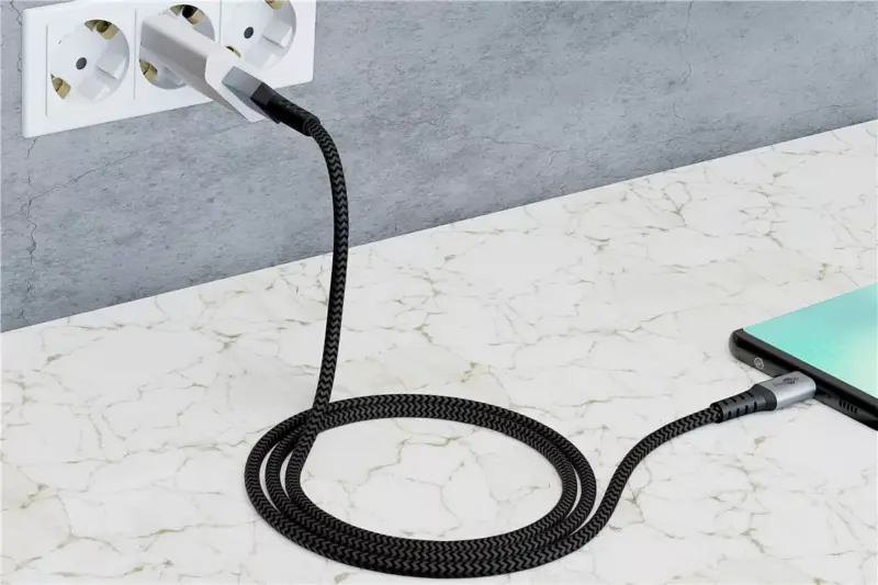 Cablu textil USB TYPE C tata-tata 0.5m 3A mufe metalice argintiu Goobay