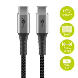 Cablu textil USB TYPE C tata-tata 0.5m 3A mufe metalice argintiu Goobay