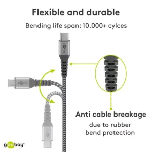 Cablu textil USB TYPE C tata-tata 0.5m 3A mufe metalice argintiu Goobay