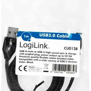 Cablu USB 2.0 A mufa - USB Type C mufa in unghi 1m negru LOGILINK CU0138