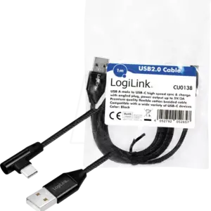 Cablu USB 2.0 A mufa - USB Type C mufa in unghi 1m negru LOGILINK CU0138