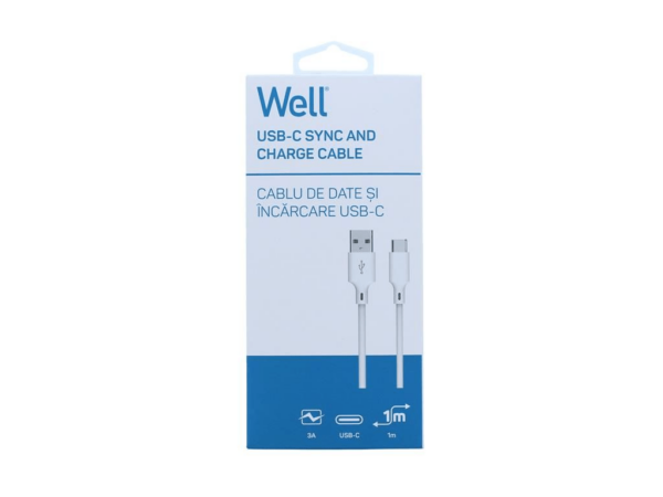 Cablu USB 2.0 A tata - USB type C 1m 3A alb Well CABLE-USB/USBC-1WE06-WL - imagine 2