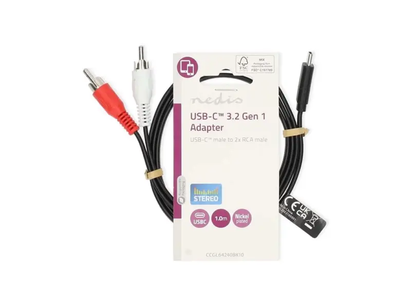 Cablu USB 3.2 Gen 1 USB-C tata Digital IN - 2x RCA tata Analogic OUT 1m negru Nedis CCGL64240BK10