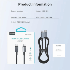Cablu USB type C - USB type C PD 60W 3A 2m negru textil Choetech XCC-1015-BK
