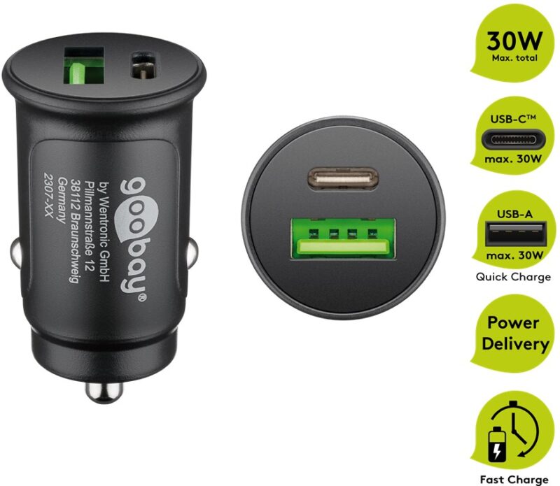 Incarcator auto 12/24V bricheta - DUAL USB A QC3.0/USB TYPE C FAST CHARGER PD 30W 55634 Goobay
