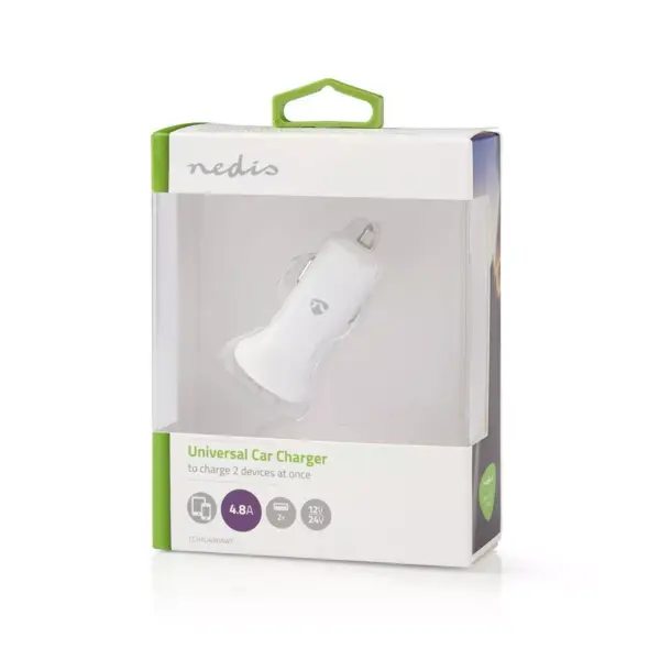 Incarcator auto bricheta cu 2 iesiri USB A 4.8A alb Nedis - imagine 3
