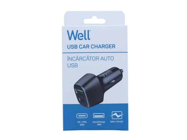 Incarcator auto Well 51W 1x USB type C PD 33W PPS + 1x USB-A QC 18W negru PSUP-USB-CPQ5101BK-WL - imagine 2
