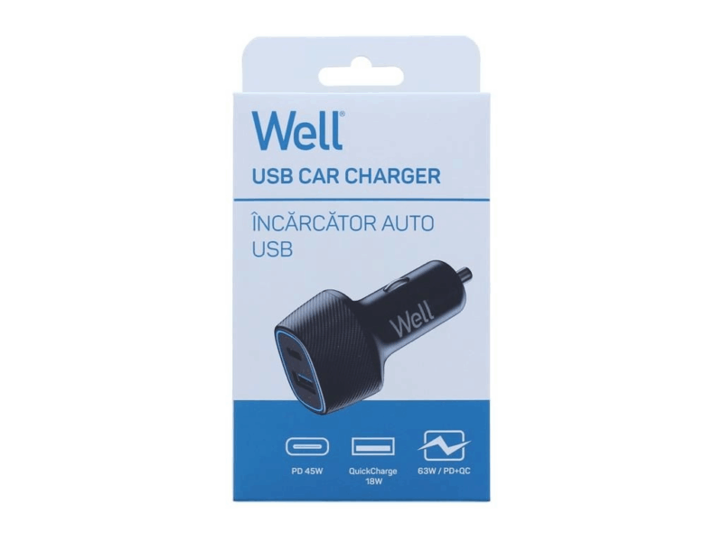 Incarcator auto Well 63W 1XUSB TYPE C PD 45W + USB-A QC 18W negru PSUP-USB-CPQ6301BK-WL
