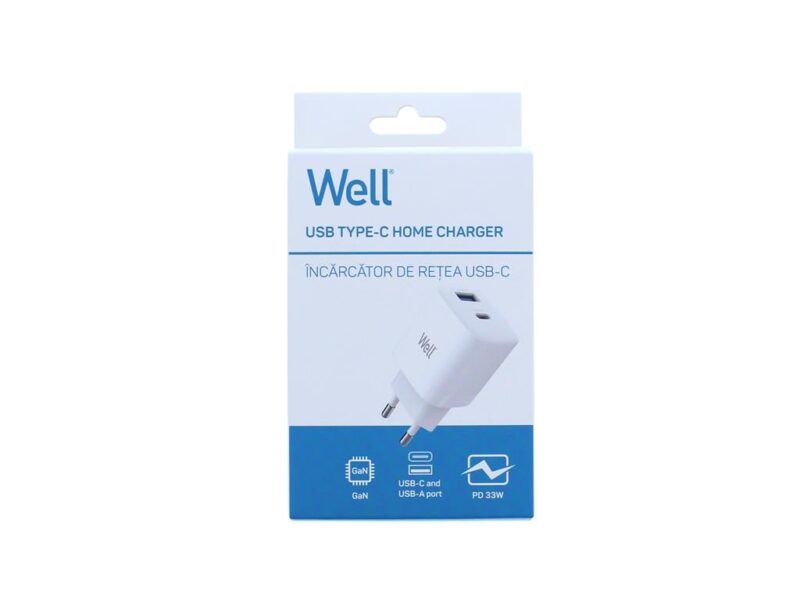 Incarcator retea USB Well GaN USB TYPE C PD30W + USB-A 30W PPS 33W alb