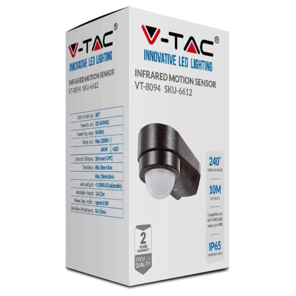 Senzor de miscare pe colt 240 grade 1200W 10m negru V-TAC - imagine 6