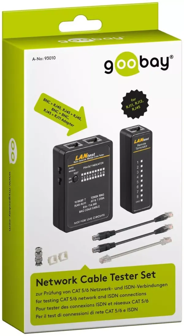 Tester retea RJ11 RJ12 RJ45 ISDN CAT5 CAT6 BNC Goobay - imagine 3