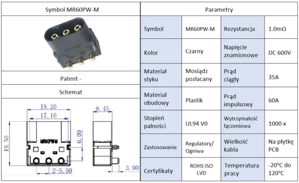 Conector alimentare DC soclu tata MR60 3-pini 35A /600V THT AMASS MR60PW-M - imagine 3
