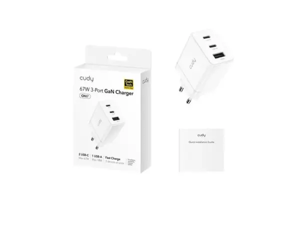 Incarcator retea Cudy CH67 2x USB-C PD CH67_EU V1.0 1x QC 18W GaN alb - imagine 2