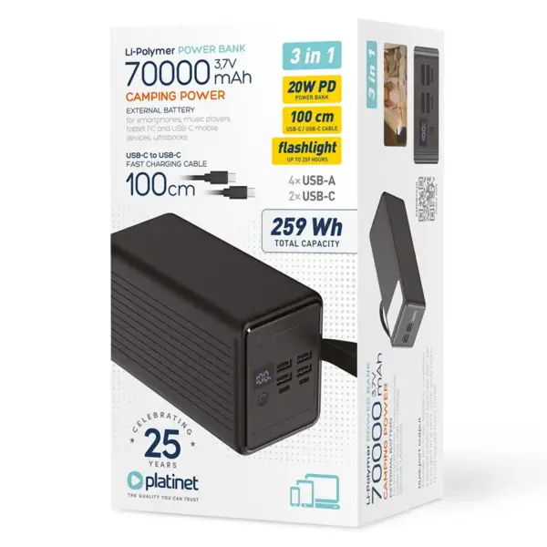 POWER BANK 70.000mAh PD 20W 4x USB-A /2x USB-C PLATINET PMPB7020 - imagine 4