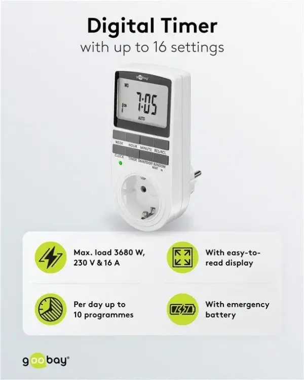 Priza programabila digitala pentru interior 3680W, Goobay 50374 - imagine 3